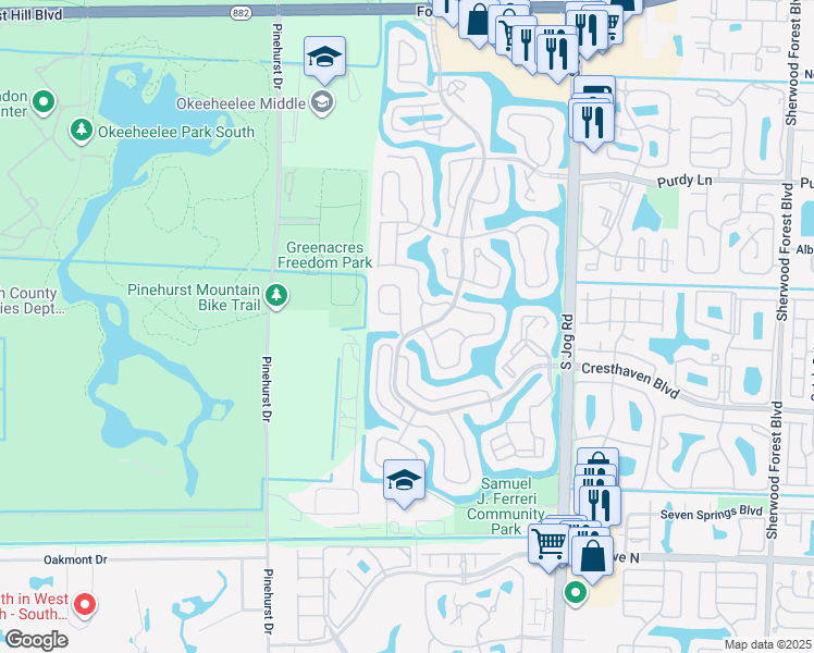 map of restaurants, bars, coffee shops, grocery stores, and more near 6731 Eagle Ridge Drive in Greenacres