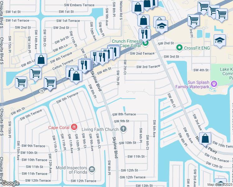 map of restaurants, bars, coffee shops, grocery stores, and more near 715 Southwest 7th Terrace in Cape Coral