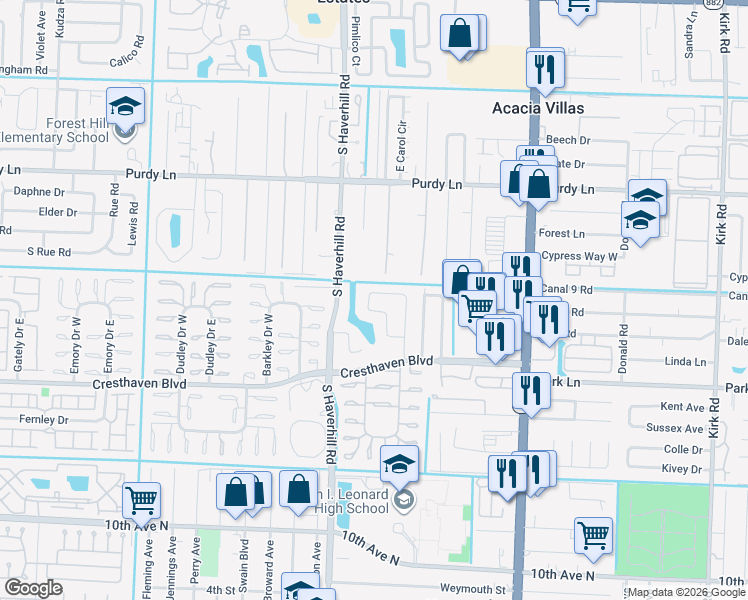 map of restaurants, bars, coffee shops, grocery stores, and more near 4904 Parkcrest Street in West Palm Beach