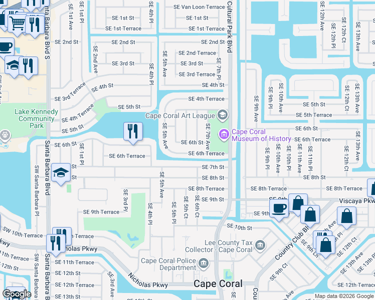 map of restaurants, bars, coffee shops, grocery stores, and more near 523 Southeast 6th Terrace in Cape Coral