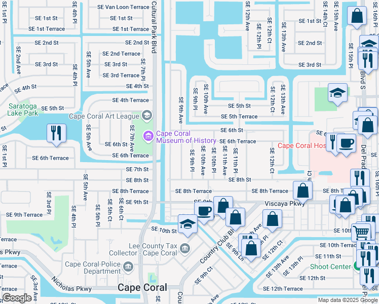 map of restaurants, bars, coffee shops, grocery stores, and more near 628 Southeast 9th Place in Cape Coral
