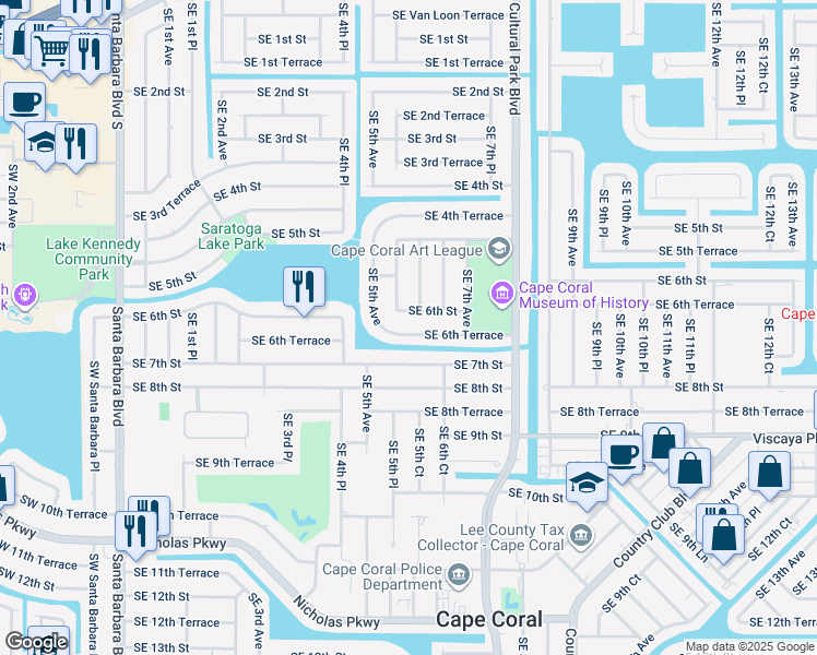 map of restaurants, bars, coffee shops, grocery stores, and more near 523 Southeast 6th Terrace in Cape Coral