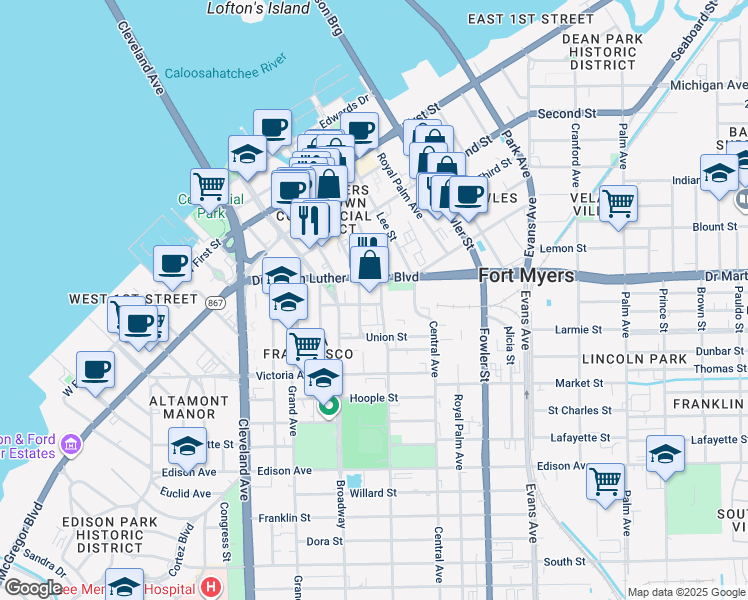 map of restaurants, bars, coffee shops, grocery stores, and more near 2265 Peck Street in Fort Myers