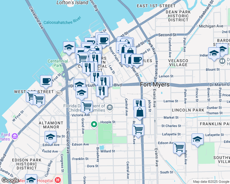 map of restaurants, bars, coffee shops, grocery stores, and more near 2031 Jackson Street in Fort Myers