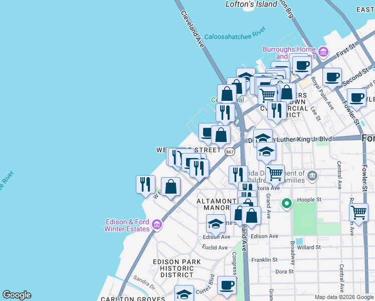 map of restaurants, bars, coffee shops, grocery stores, and more near 2116 West First Street in Fort Myers