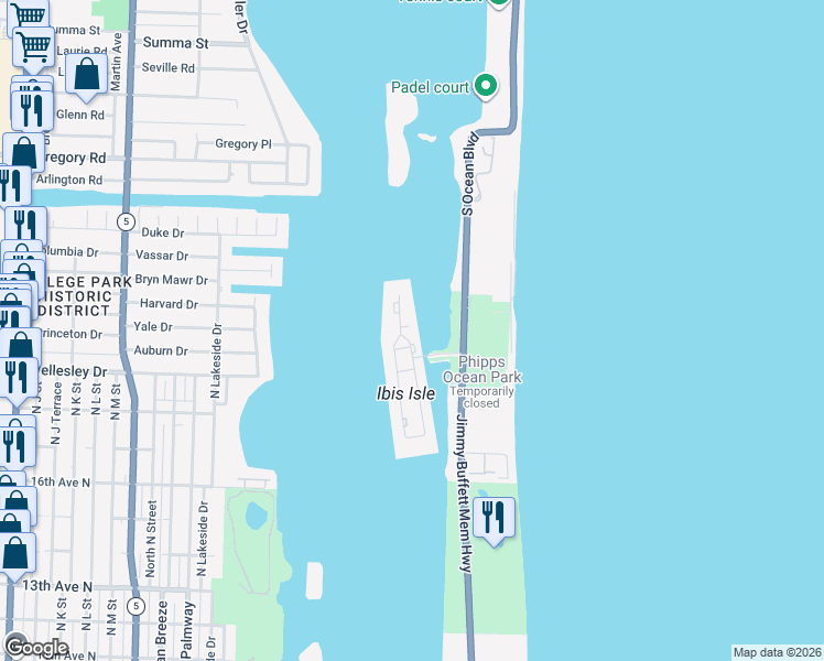 map of restaurants, bars, coffee shops, grocery stores, and more near 2185 Ibis Isle Road in Palm Beach