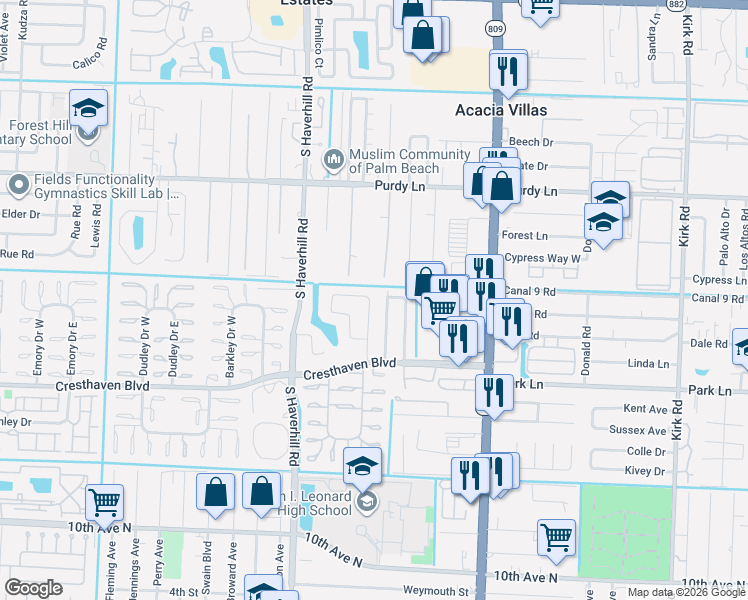 map of restaurants, bars, coffee shops, grocery stores, and more near 2567 Parkcrest Street in West Palm Beach