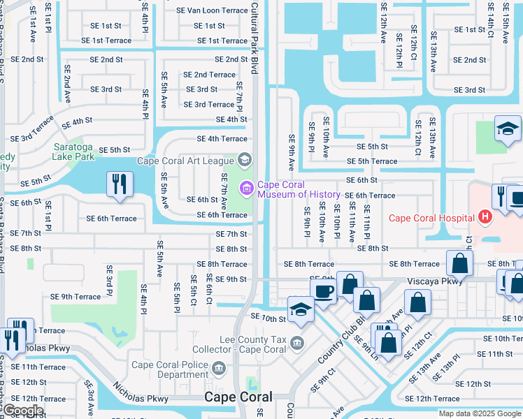 map of restaurants, bars, coffee shops, grocery stores, and more near 609 Cultural Park Boulevard in Cape Coral