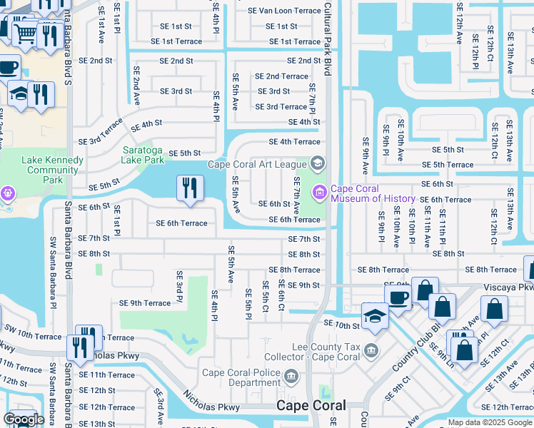 map of restaurants, bars, coffee shops, grocery stores, and more near 523 Southeast 6th Terrace in Cape Coral