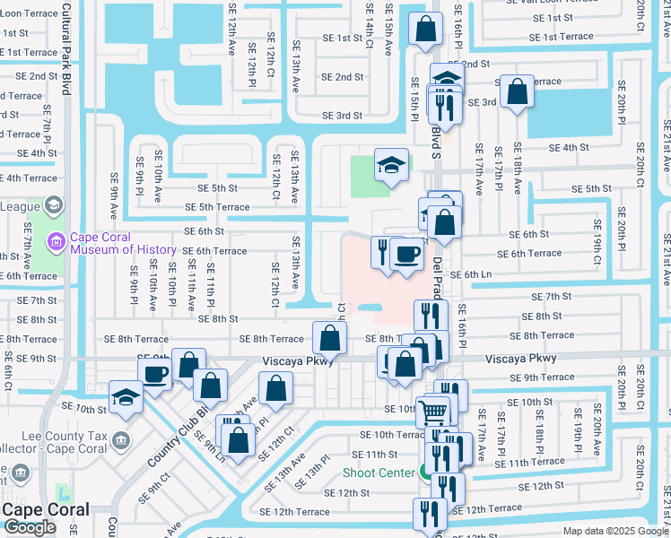 map of restaurants, bars, coffee shops, grocery stores, and more near 628 Southeast 13th Court in Cape Coral