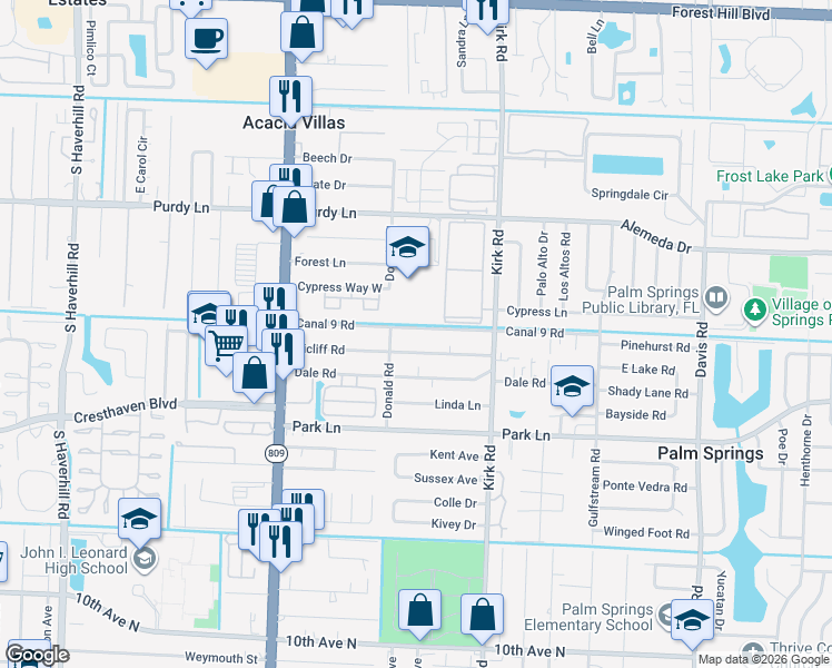 map of restaurants, bars, coffee shops, grocery stores, and more near 4186 Canal 9 Road in Palm Springs