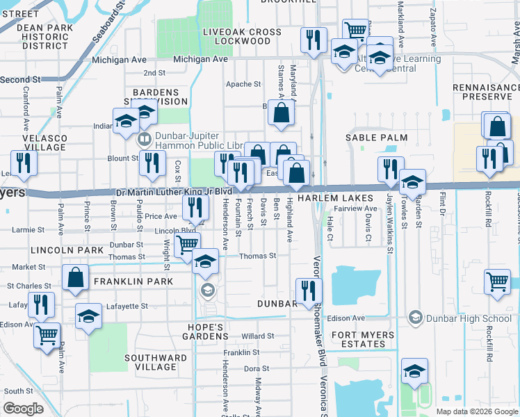 map of restaurants, bars, coffee shops, grocery stores, and more near 2111 French Street in Fort Myers