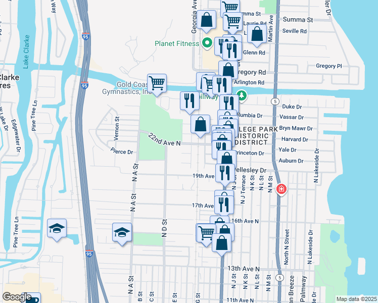 map of restaurants, bars, coffee shops, grocery stores, and more near 2101 Park Street in Lake Worth
