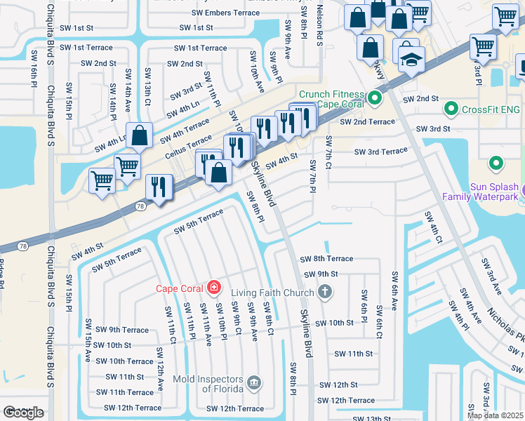 map of restaurants, bars, coffee shops, grocery stores, and more near 519 Southwest 8th Place in Cape Coral