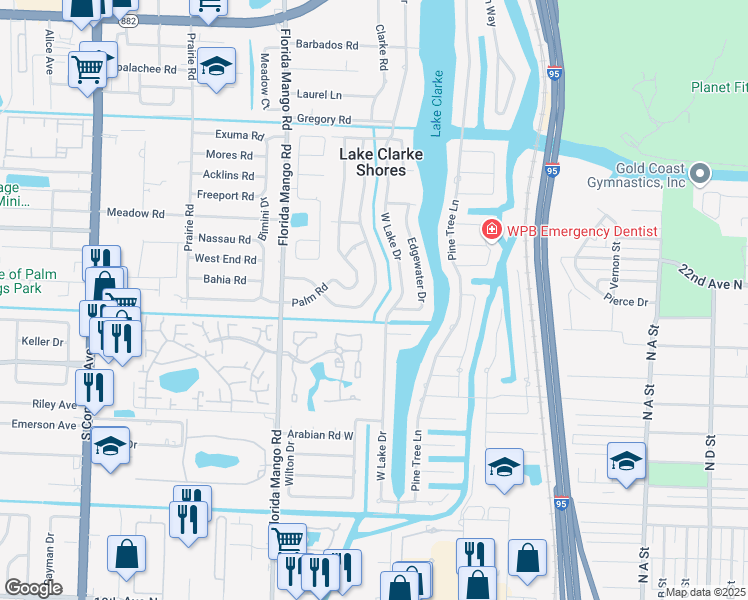 map of restaurants, bars, coffee shops, grocery stores, and more near 2342 Edgewater Drive in West Palm Beach