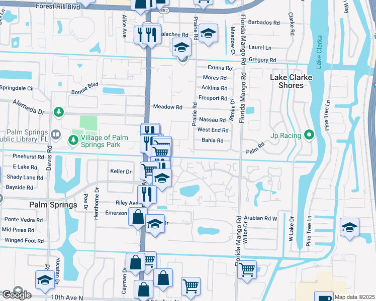 map of restaurants, bars, coffee shops, grocery stores, and more near 2479 Prairie Road in West Palm Beach