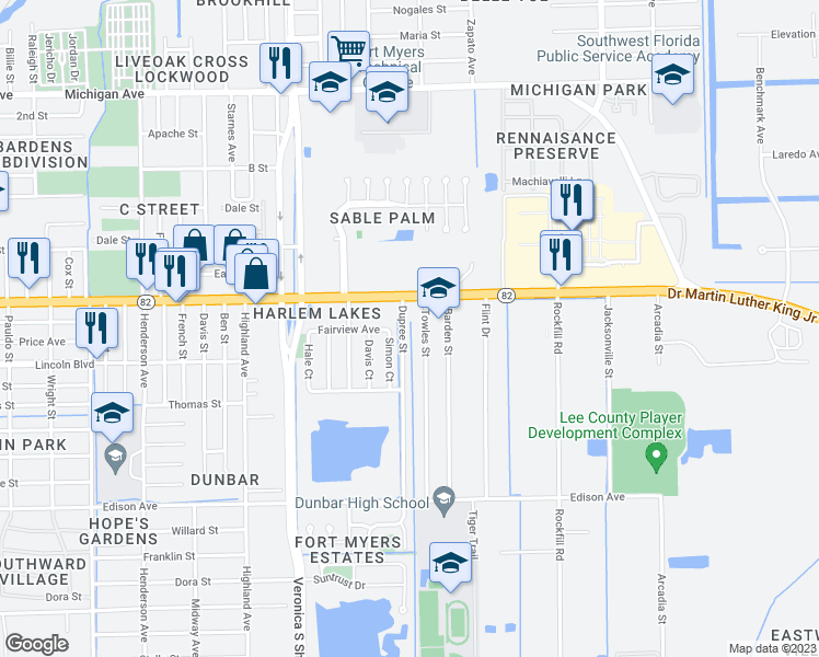 map of restaurants, bars, coffee shops, grocery stores, and more near 2021 Dupree Street in Fort Myers