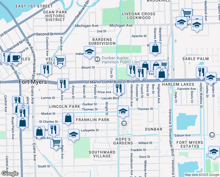map of restaurants, bars, coffee shops, grocery stores, and more near 3120 Douglas Avenue in Fort Myers