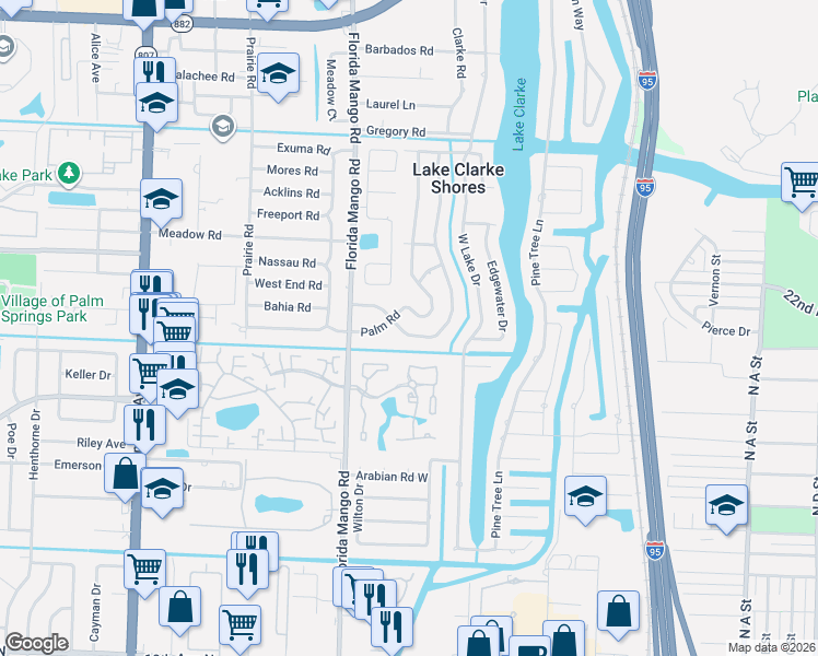map of restaurants, bars, coffee shops, grocery stores, and more near 2385 Edgewater Drive in West Palm Beach