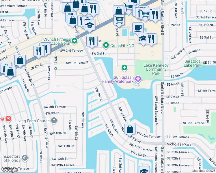 map of restaurants, bars, coffee shops, grocery stores, and more near 610 Southwest 3rd Court in Cape Coral