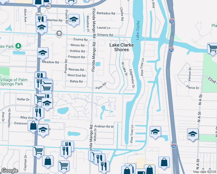 map of restaurants, bars, coffee shops, grocery stores, and more near 2385 Edgewater Drive in West Palm Beach