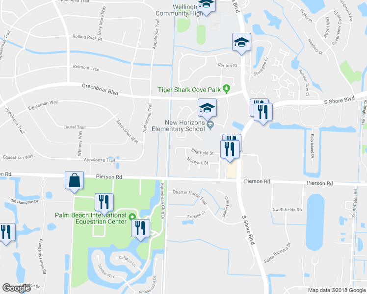 map of restaurants, bars, coffee shops, grocery stores, and more near 13869 Sheffield Court in Wellington