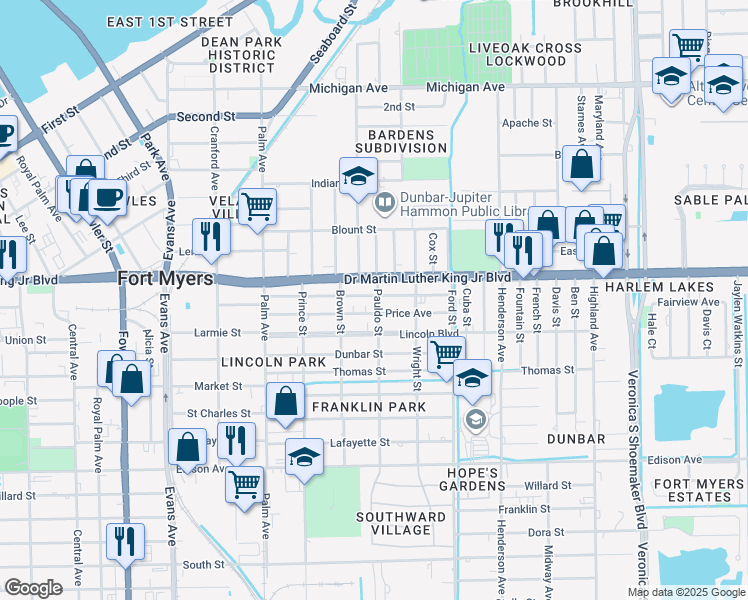 map of restaurants, bars, coffee shops, grocery stores, and more near 2996 Douglas Avenue in Fort Myers