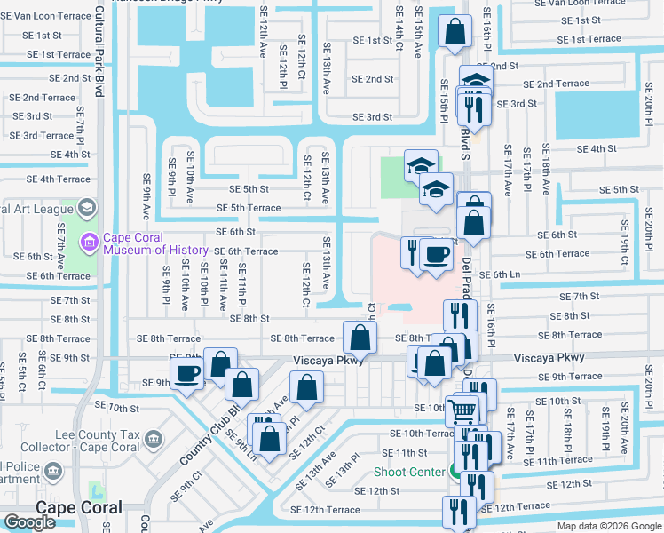 map of restaurants, bars, coffee shops, grocery stores, and more near 628 Southeast 13th Avenue in Cape Coral