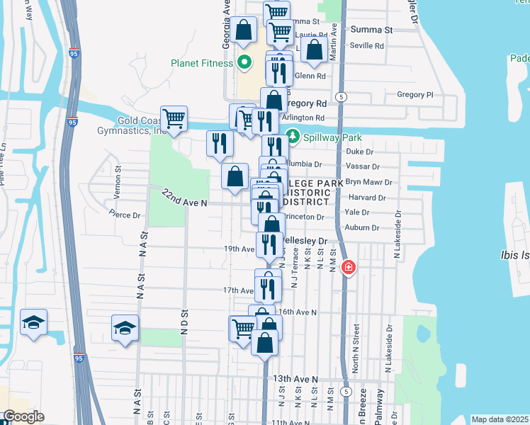 map of restaurants, bars, coffee shops, grocery stores, and more near 2100 North Dixie Highway in Lake Worth
