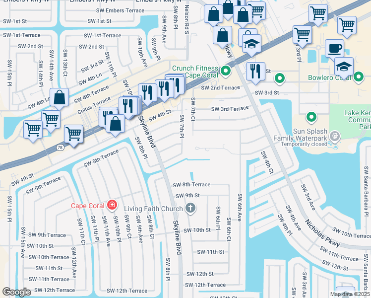 map of restaurants, bars, coffee shops, grocery stores, and more near 715 Southwest 7th Terrace in Cape Coral