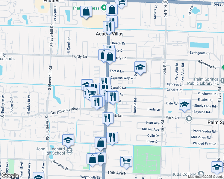 map of restaurants, bars, coffee shops, grocery stores, and more near 4430 Canal 9 Road in West Palm Beach