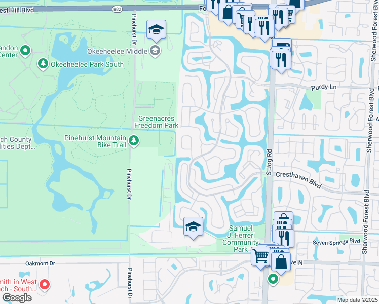 map of restaurants, bars, coffee shops, grocery stores, and more near 6731 Eagle Ridge Drive in Greenacres