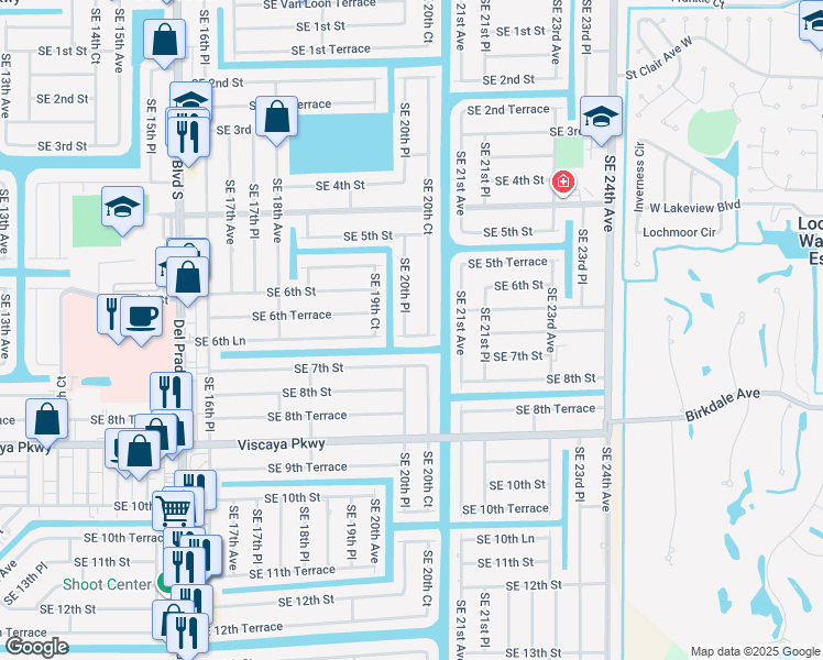 map of restaurants, bars, coffee shops, grocery stores, and more near 627 Southeast 20th Place in Cape Coral