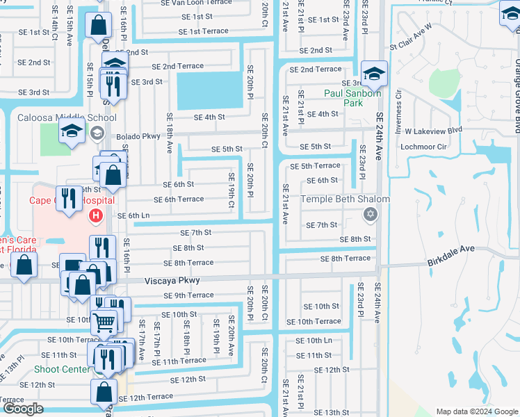 map of restaurants, bars, coffee shops, grocery stores, and more near 626 Southeast 20th Court in Cape Coral