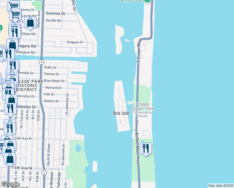 map of restaurants, bars, coffee shops, grocery stores, and more near 2170 Ibis Isle Road in Palm Beach