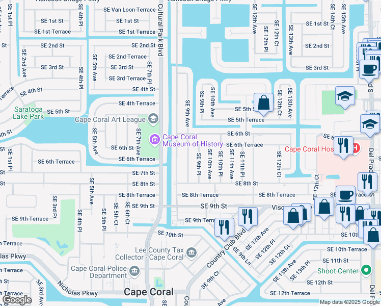 map of restaurants, bars, coffee shops, grocery stores, and more near 628 Southeast 9th Place in Cape Coral