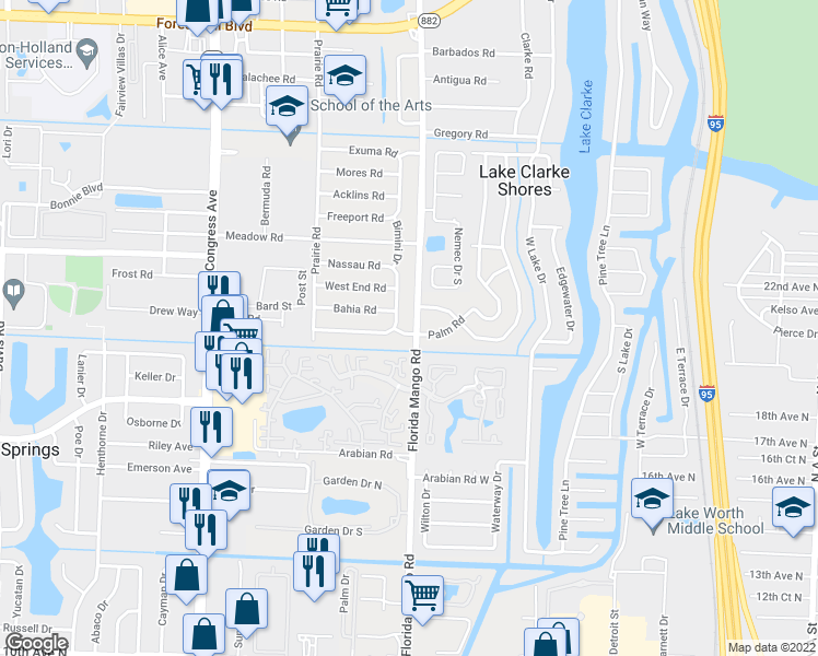 map of restaurants, bars, coffee shops, grocery stores, and more near 2449 Florida Mango Road in West Palm Beach