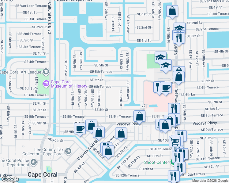 map of restaurants, bars, coffee shops, grocery stores, and more near 33 Southeast 6th Terrace in Cape Coral