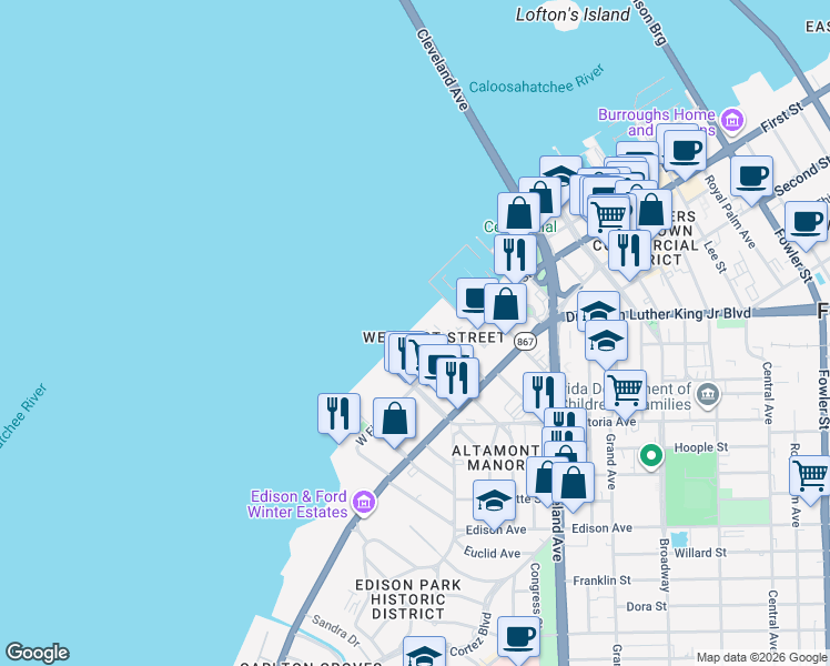 map of restaurants, bars, coffee shops, grocery stores, and more near 2116 West First Street in Fort Myers