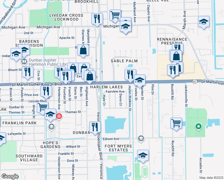 map of restaurants, bars, coffee shops, grocery stores, and more near 3637 Fairview Avenue in Fort Myers