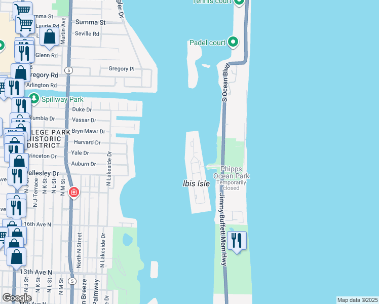 map of restaurants, bars, coffee shops, grocery stores, and more near 2185 Ibis Isle Road in Palm Beach