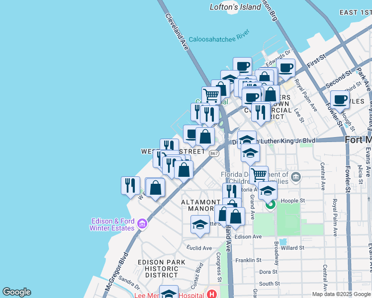 map of restaurants, bars, coffee shops, grocery stores, and more near 2002 Bayside Parkway in Fort Myers