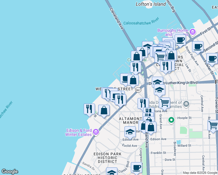 map of restaurants, bars, coffee shops, grocery stores, and more near 2116 West First Street in Fort Myers