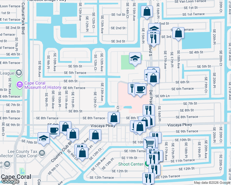 map of restaurants, bars, coffee shops, grocery stores, and more near 631 Southeast 13th Place in Cape Coral