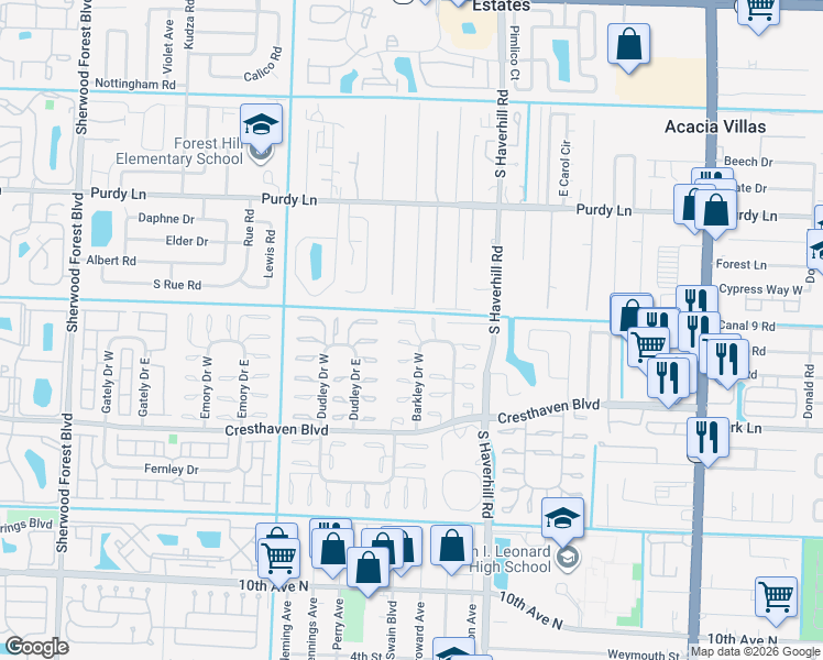 map of restaurants, bars, coffee shops, grocery stores, and more near 2541 Barkley Drive East in West Palm Beach