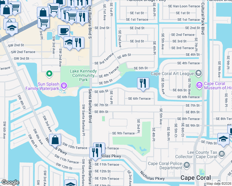map of restaurants, bars, coffee shops, grocery stores, and more near 606 Southeast 2nd Avenue in Cape Coral