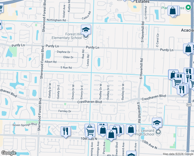 map of restaurants, bars, coffee shops, grocery stores, and more near 2581 Dudley Drive East in West Palm Beach