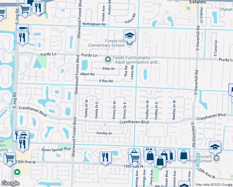 map of restaurants, bars, coffee shops, grocery stores, and more near 2531 Emory Drive West in West Palm Beach