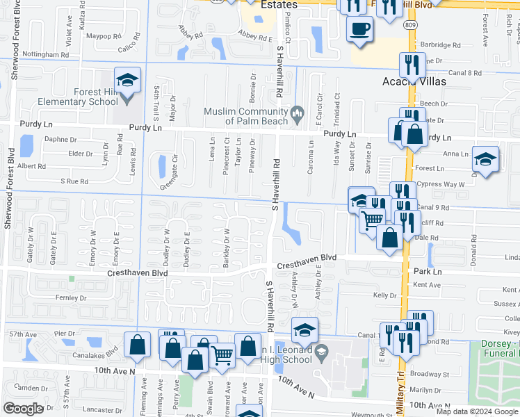 map of restaurants, bars, coffee shops, grocery stores, and more near 5110 Michigan Avenue in West Palm Beach