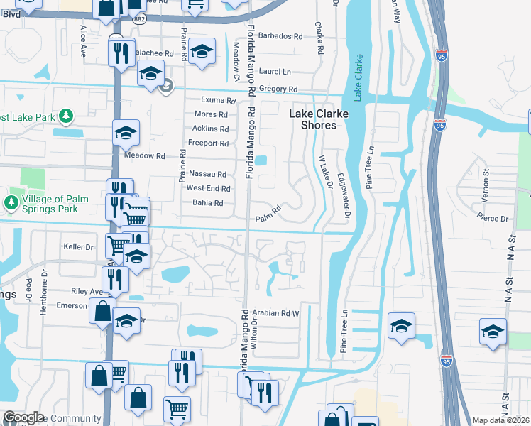 map of restaurants, bars, coffee shops, grocery stores, and more near 2454 Palm Road in West Palm Beach